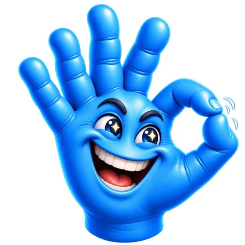 Happy blue HAND mascot making an OK sign